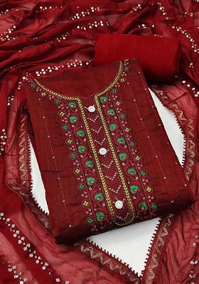 Maroon Embroidered Poly Blend Kurta Set