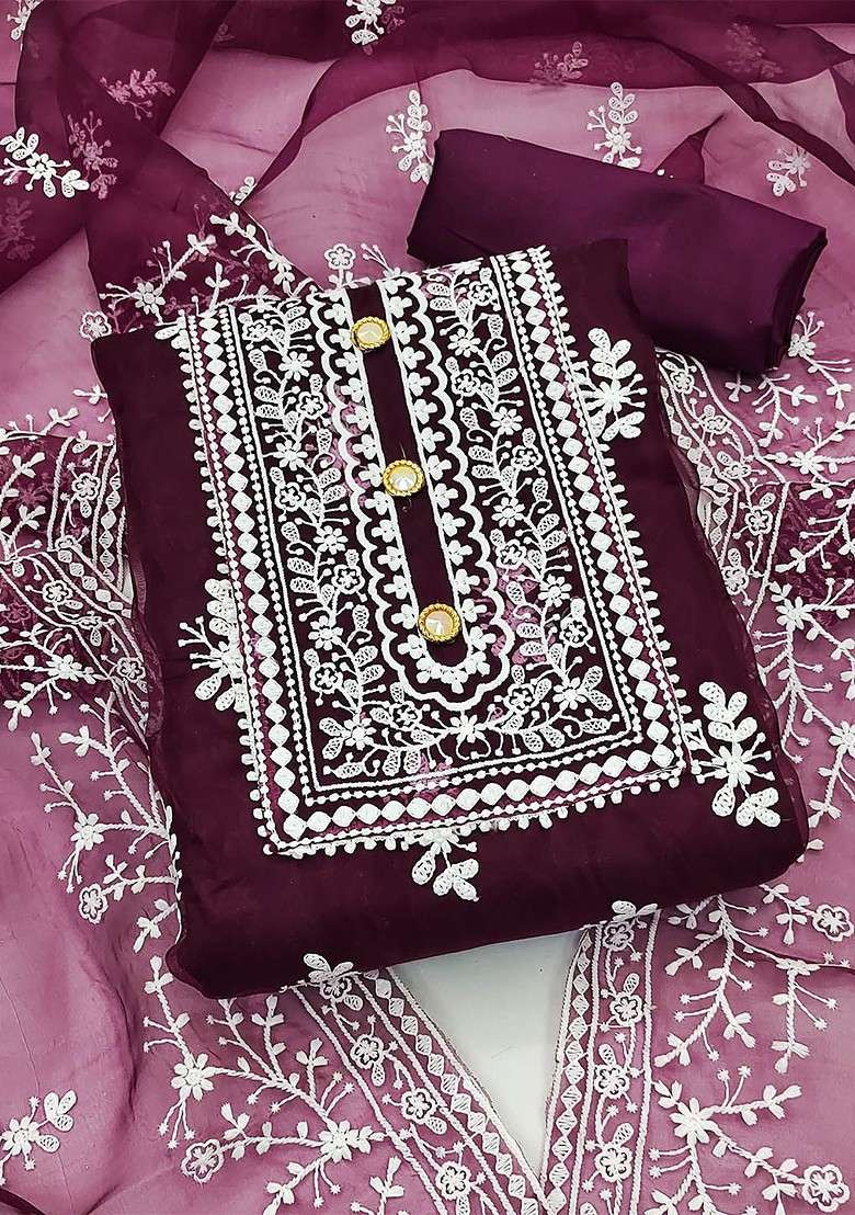 Magenta Embroidered Organza Straight Kurta Set - Indya