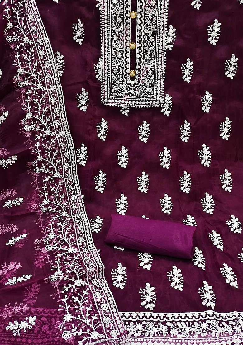 Magenta Embroidered Organza Straight Kurta Set - Indya