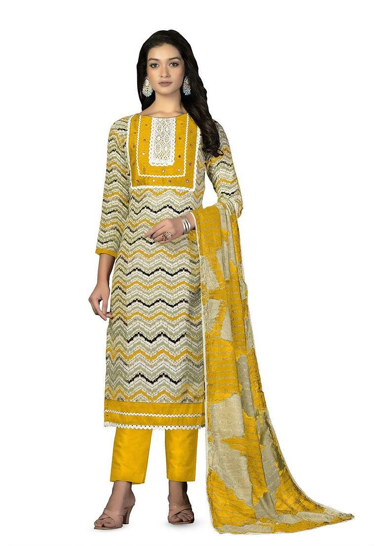 Yellow Printed Cotton Pakistani Suit Set - Indya