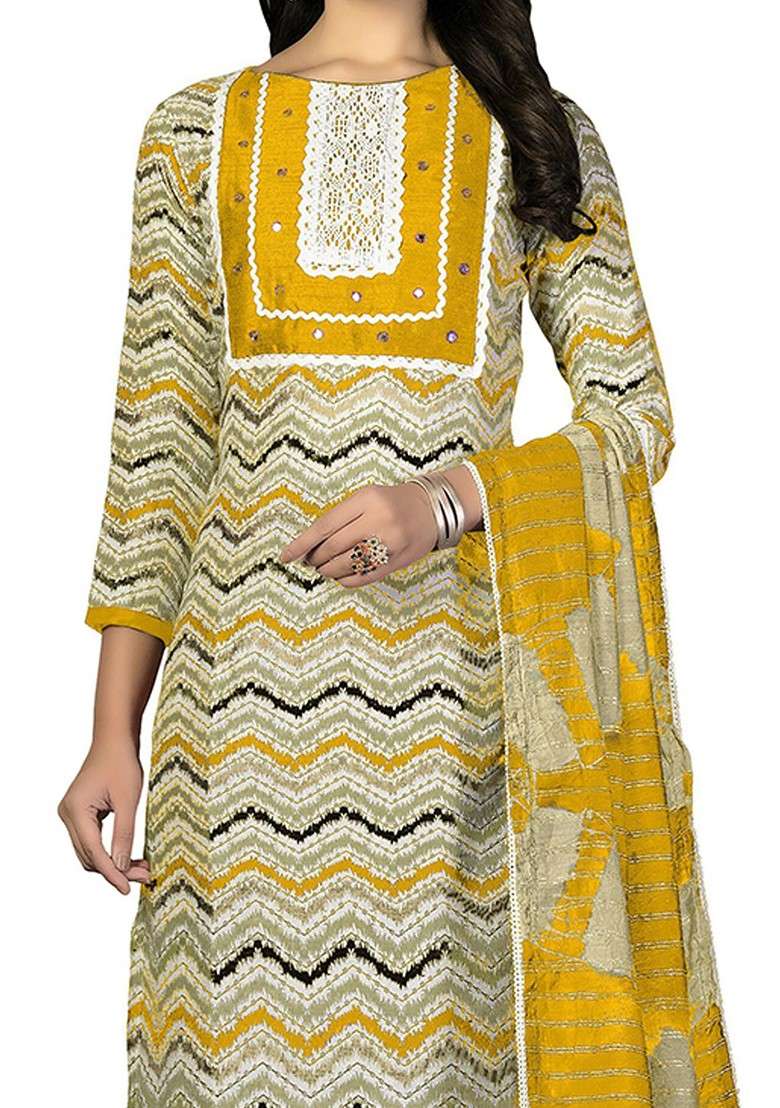 Yellow Printed Cotton Pakistani Suit Set - Indya