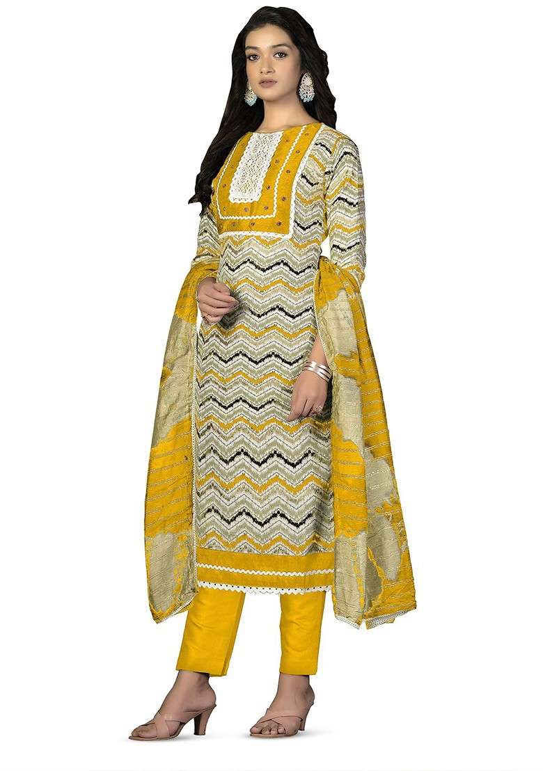 Yellow Printed Cotton Pakistani Suit Set - Indya