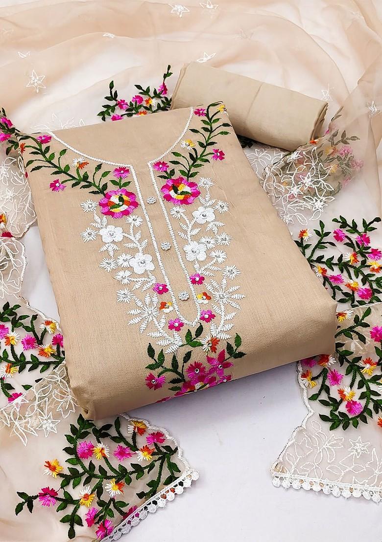 Beige Embroidered Poly Blend Kurta Set - Indya