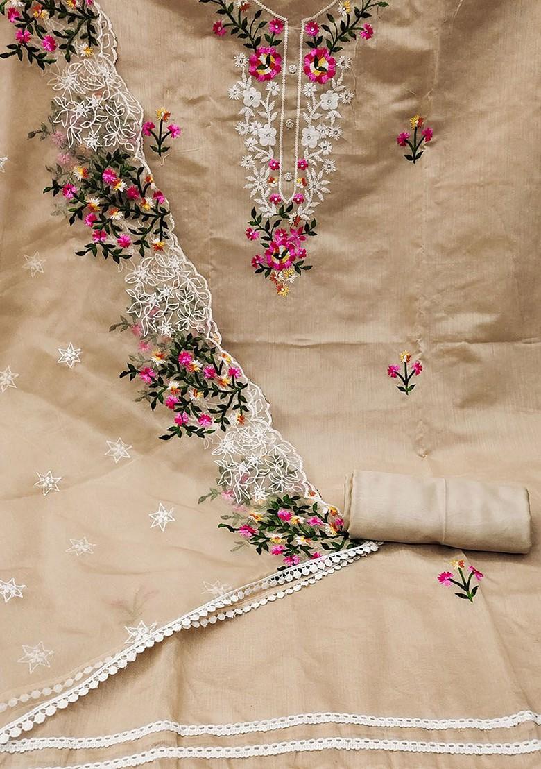 Beige Embroidered Poly Blend Kurta Set - Indya