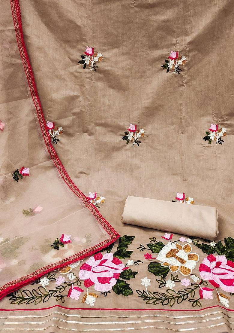 Beige Embroidered Blended Straight Kurta Set - Indya