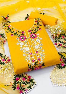 Yellow Embroidered Poly Blend Kurta Set