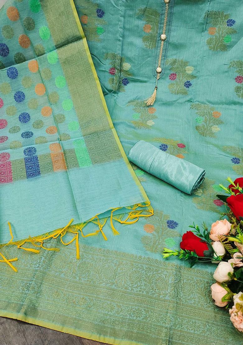 Sea Green Woven Pure Silk Kurta Set