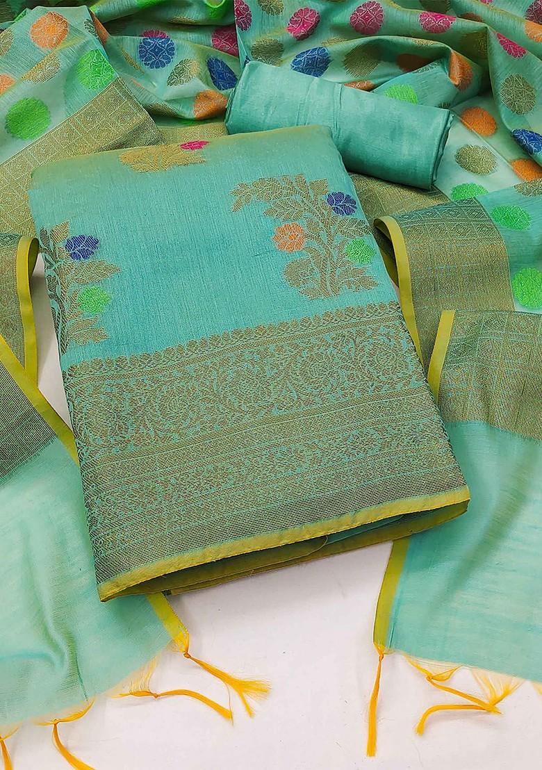 Sea Green Woven Pure Silk Kurta Set