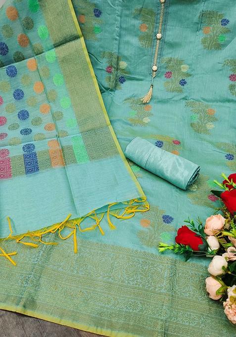 Sea Green Woven Pure Silk Kurta Set