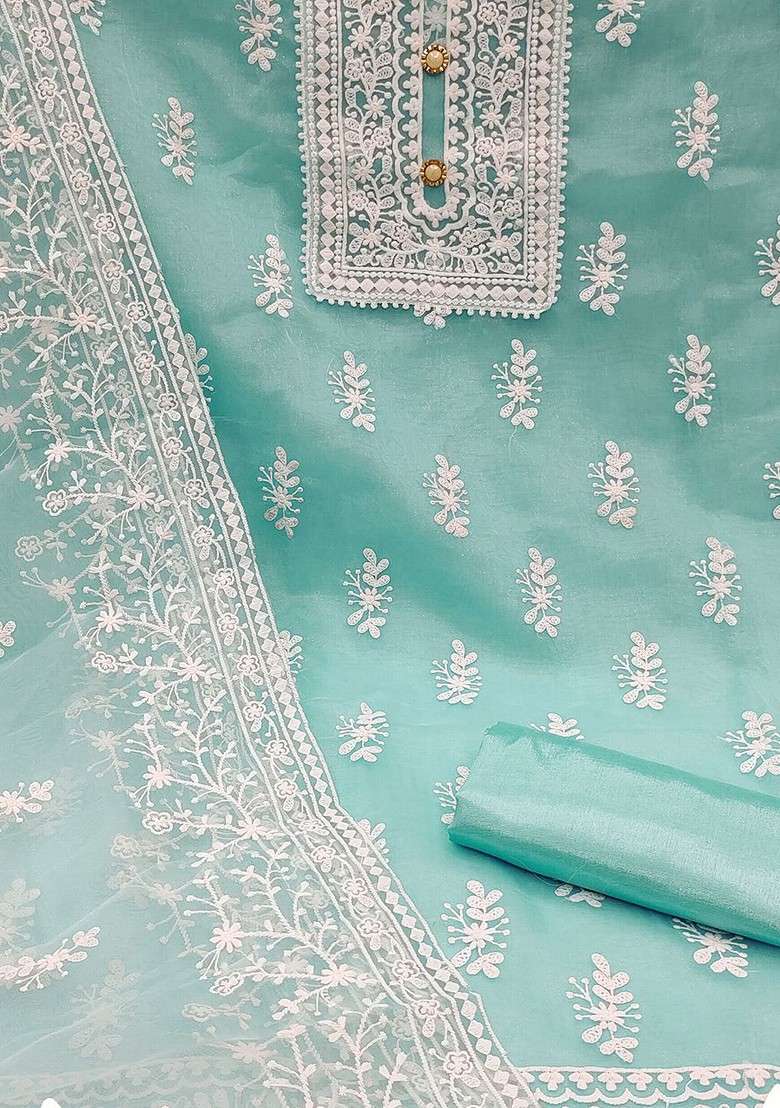 Sea Green Embroidered Organza Kurta Set - Indya