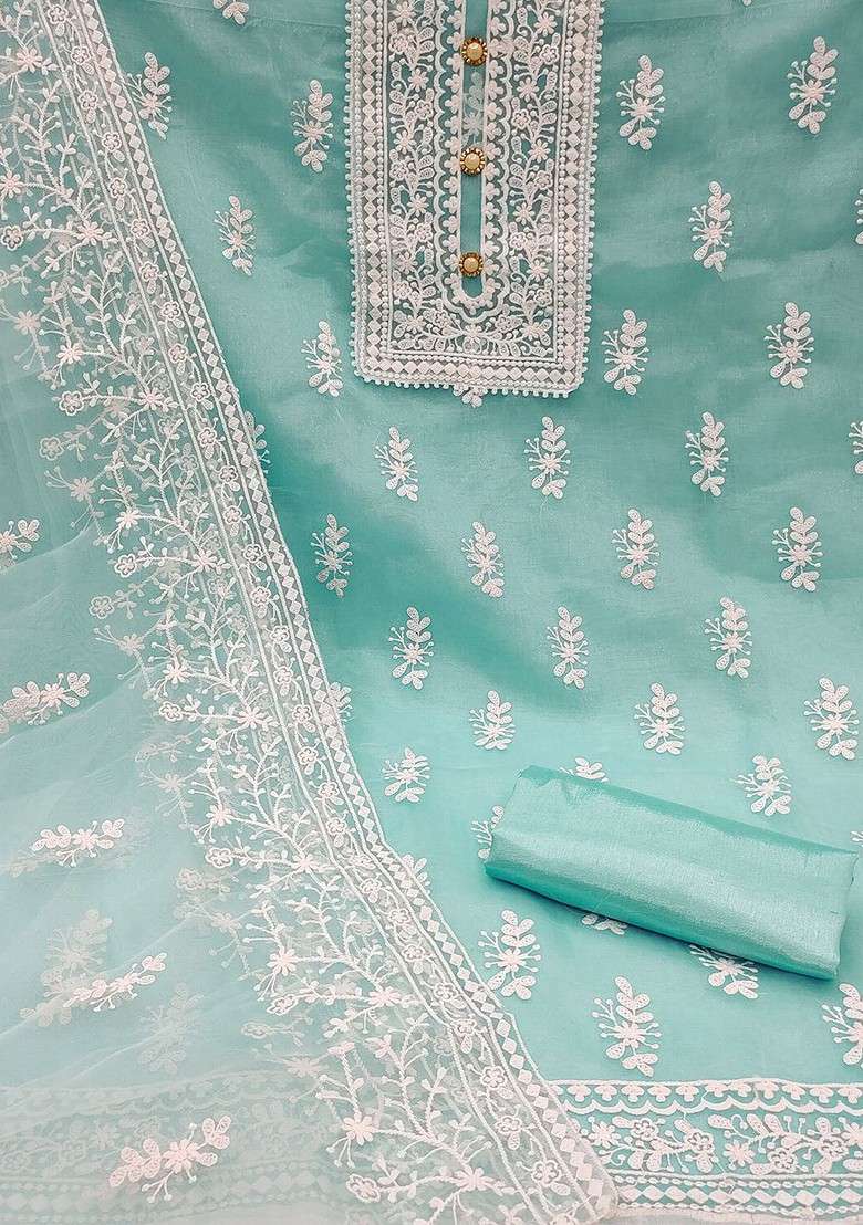 Sea Green Embroidered Organza Kurta Set - Indya