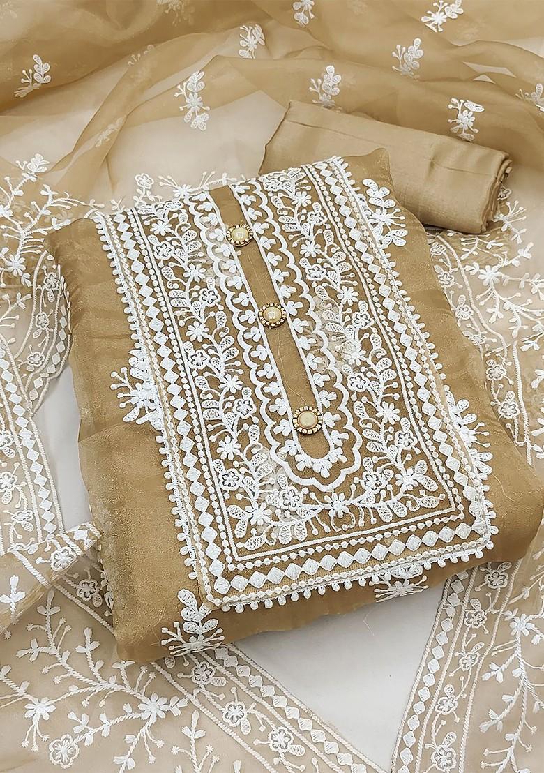Beige Embroidered Organza Kurta Set - Indya