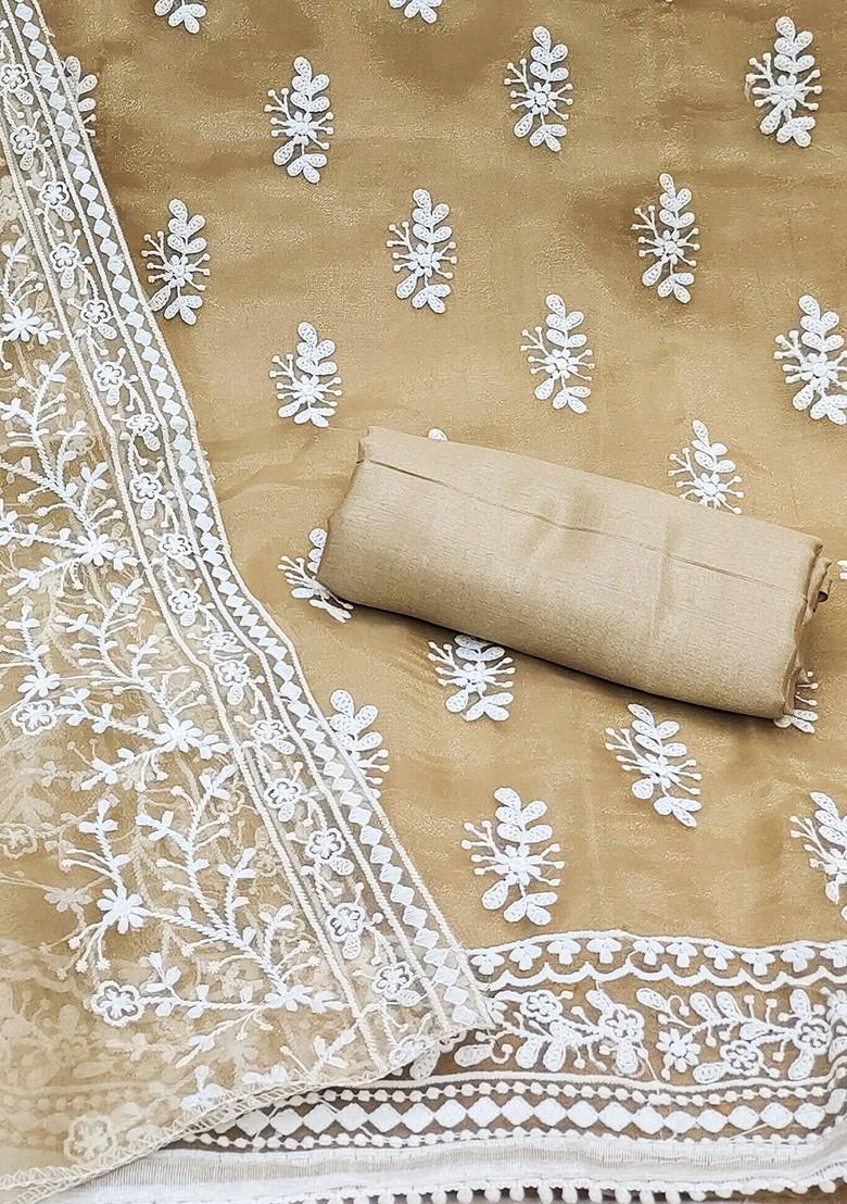 Beige Embroidered Organza Kurta Set - Indya