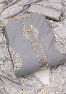 Grey Embroidered Poly Blend Kurta Set