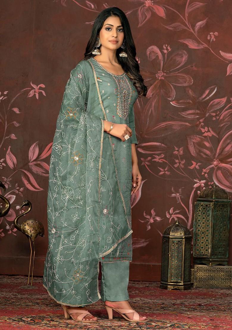 Sea Green Woven Jacquard Kurta Set