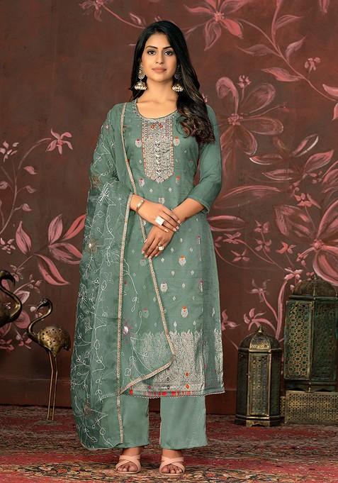 Sea Green Woven Jacquard Kurta Set