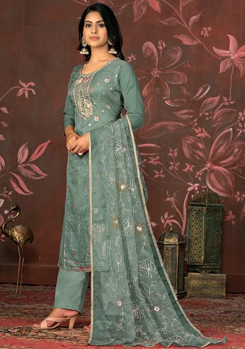 Sea Green Woven Jacquard Kurta Set