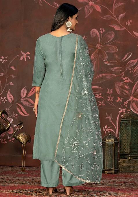 Sea Green Woven Jacquard Kurta Set