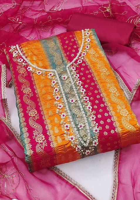 Pink Woven Poly Blend Kurta Set