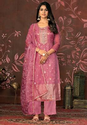 Pink Woven Poly Blend Kurta Set