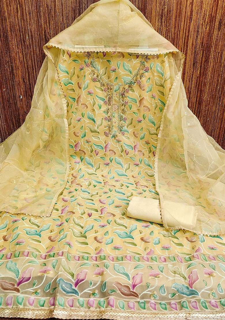Yellow Embellished Organza Kurta Set - Indya