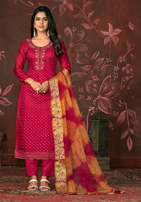 Pink Woven Poly Blend Kurta Set