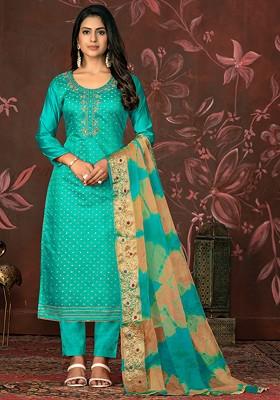 Sea Green Embellished Poly Blend Kurta Set