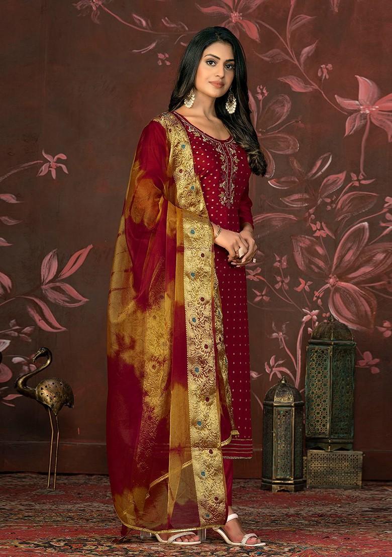 Magenta Printed Poly Blend Kurta Set - Indya