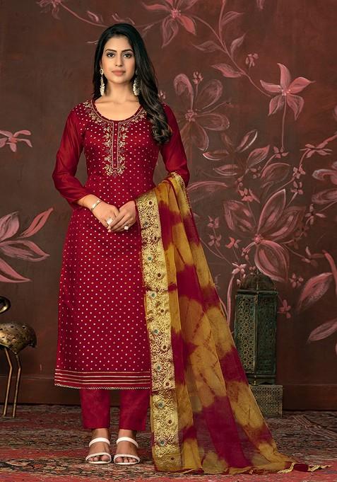 Magenta Printed Poly Blend Kurta Set