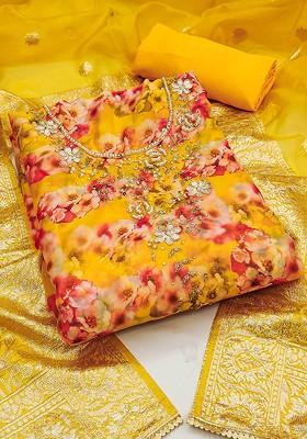 Yellow Floral Print Poly Blend Kurta Set