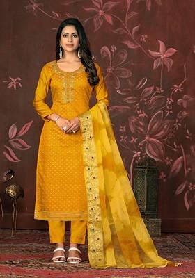 Mustard Woven Poly Blend Kurta Set
