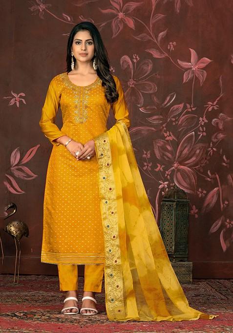Mustard Woven Poly Blend Kurta Set