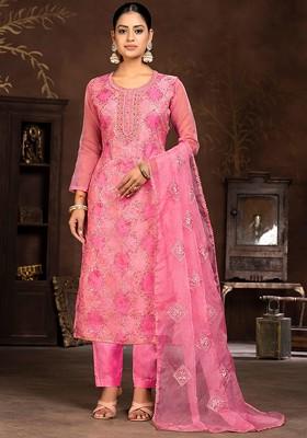 Pink Embroidered Poly Blend Kurta Set