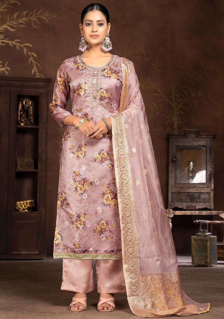 Rose Embroidered Organza Straight Kurta Set - Indya