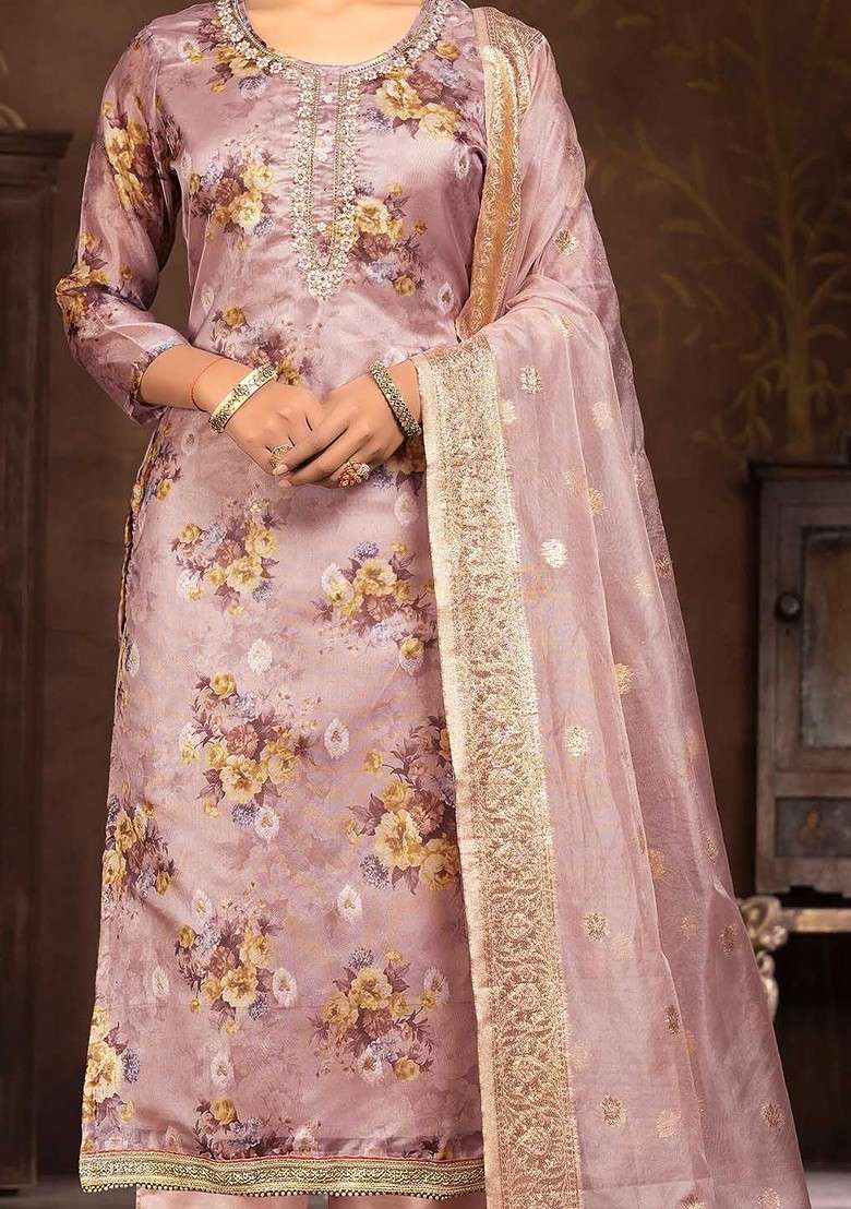 Rose Embroidered Organza Straight Kurta Set - Indya