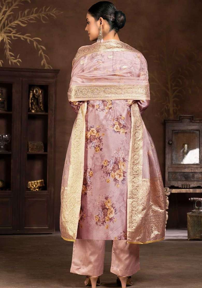 Rose Embroidered Organza Straight Kurta Set - Indya