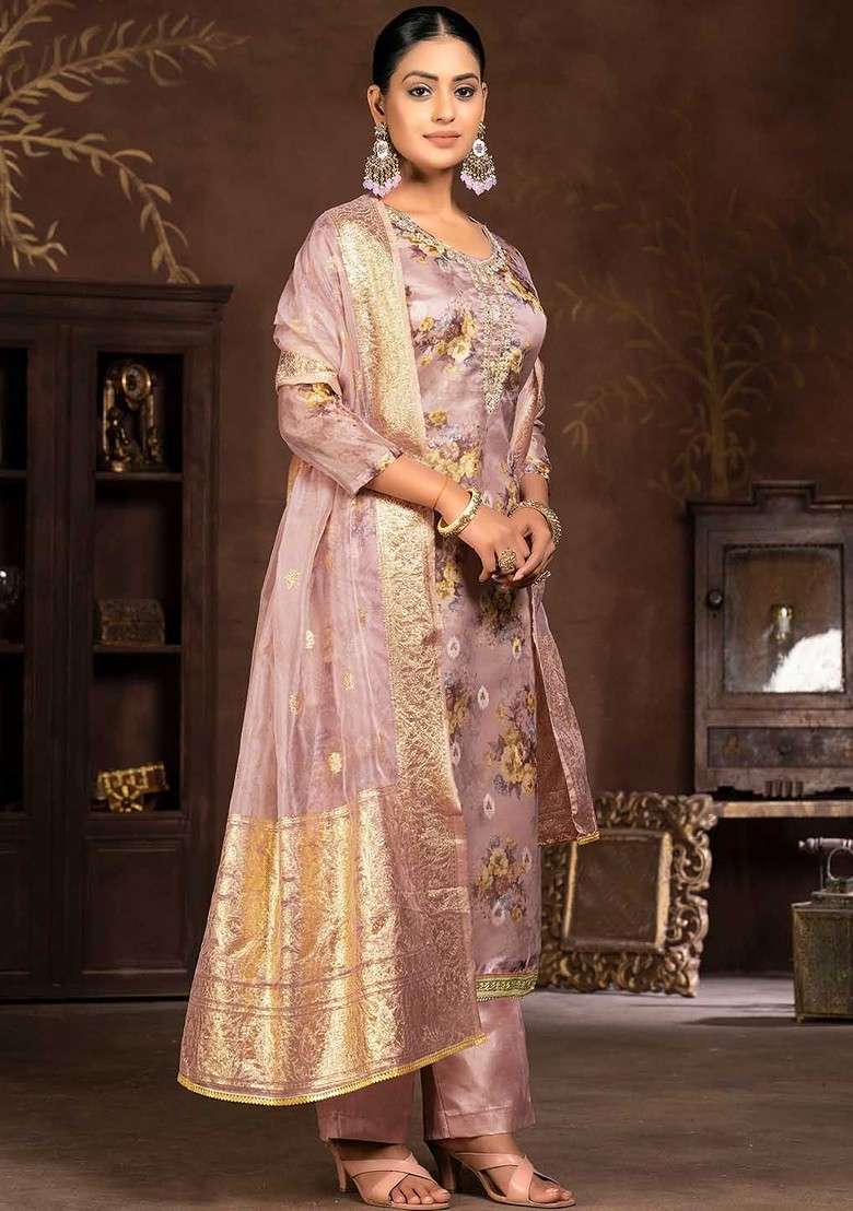 Rose Embroidered Organza Straight Kurta Set - Indya