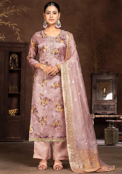 Rose Golden Printed Organza Kurta Set