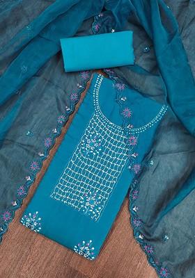 Blue Embellished Poly Blend Kurta Set