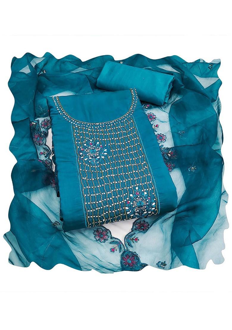 Blue Embellished Poly Blend Kurta Set - Indya