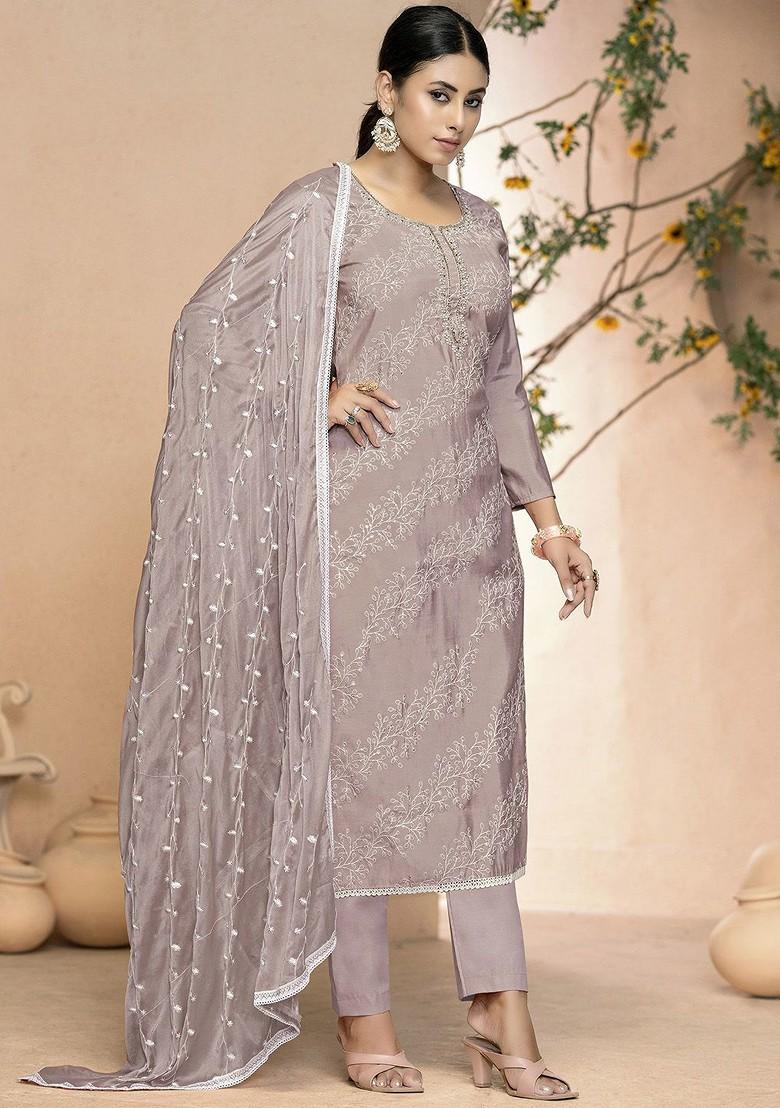 Grey Embellished Poly Blend Kurta Set - Indya