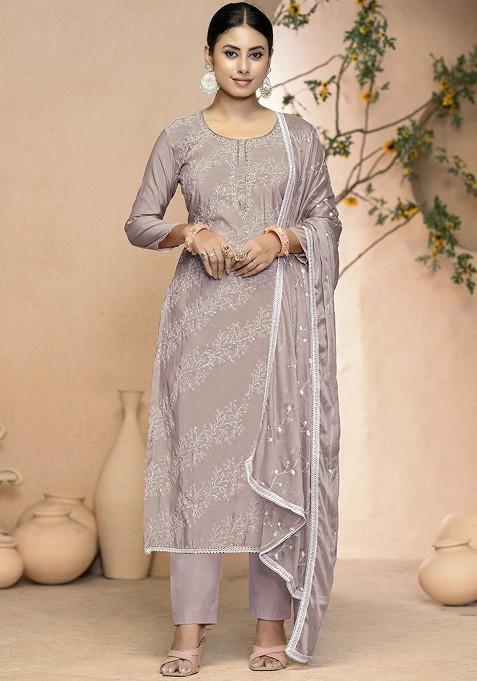 Grey Embellished Poly Blend Kurta Set