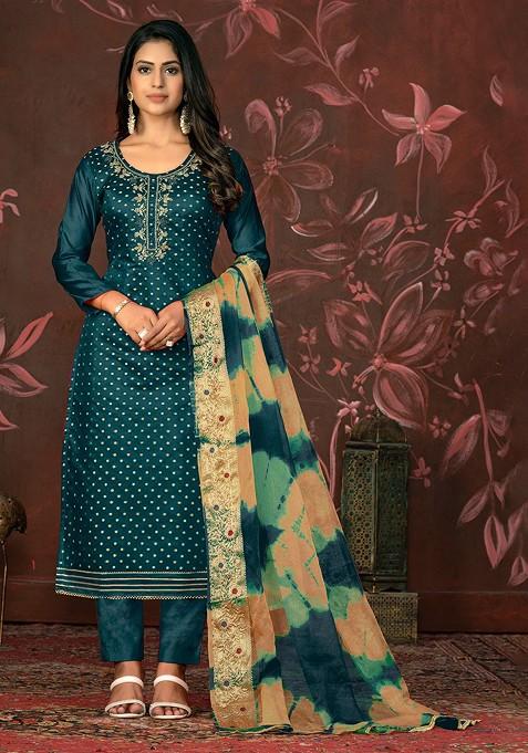 Teal Printed Poly Blend Kurta Set