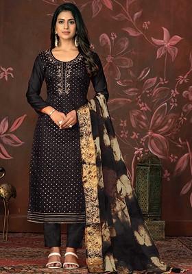 Black Woven Poly Blend Kurta Set