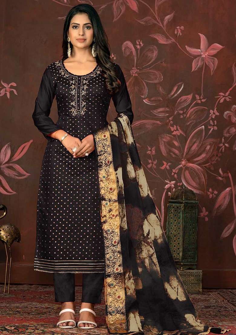 Black Sequin Work Blended Straight Kurta Set - Indya