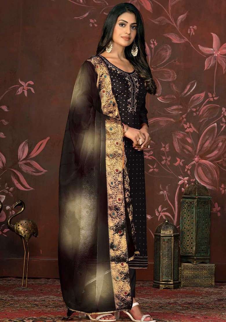 Black Sequin Work Blended Straight Kurta Set - Indya