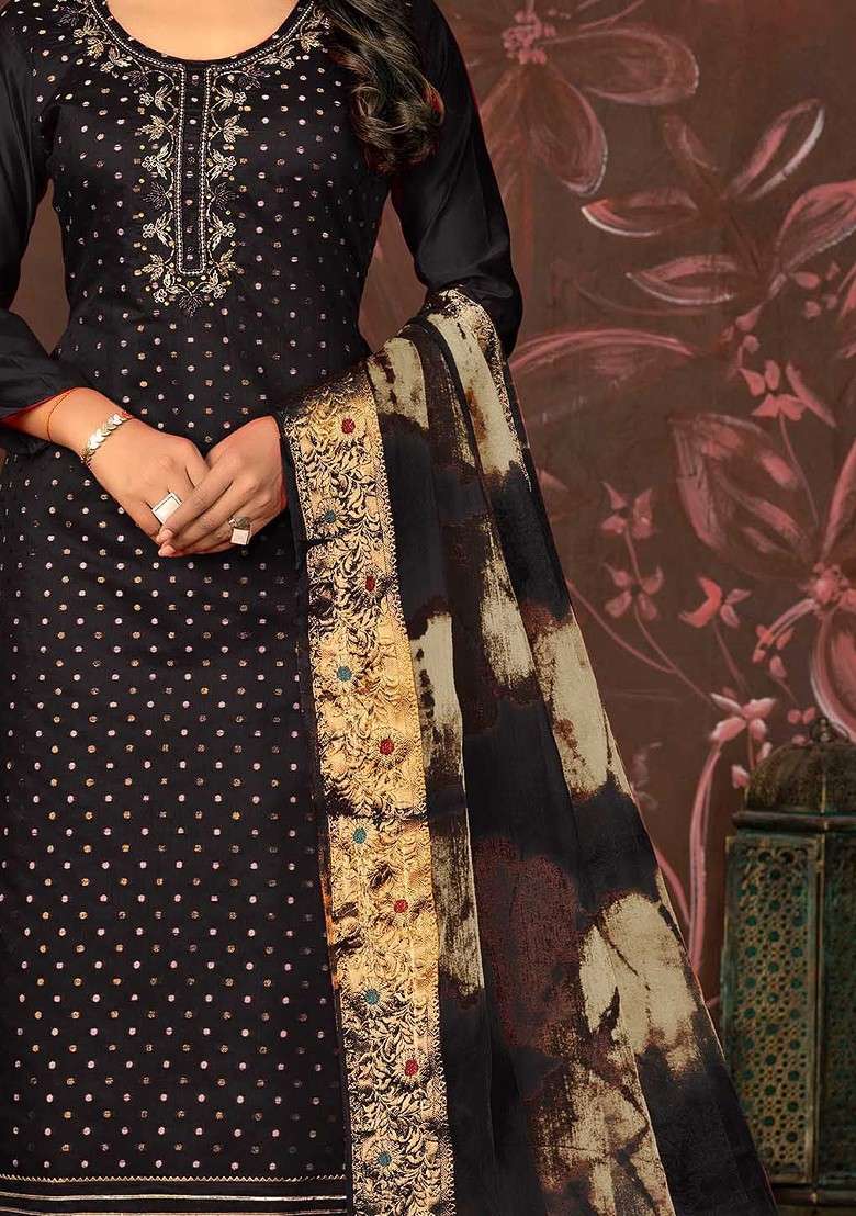 Black Sequin Work Blended Straight Kurta Set - Indya