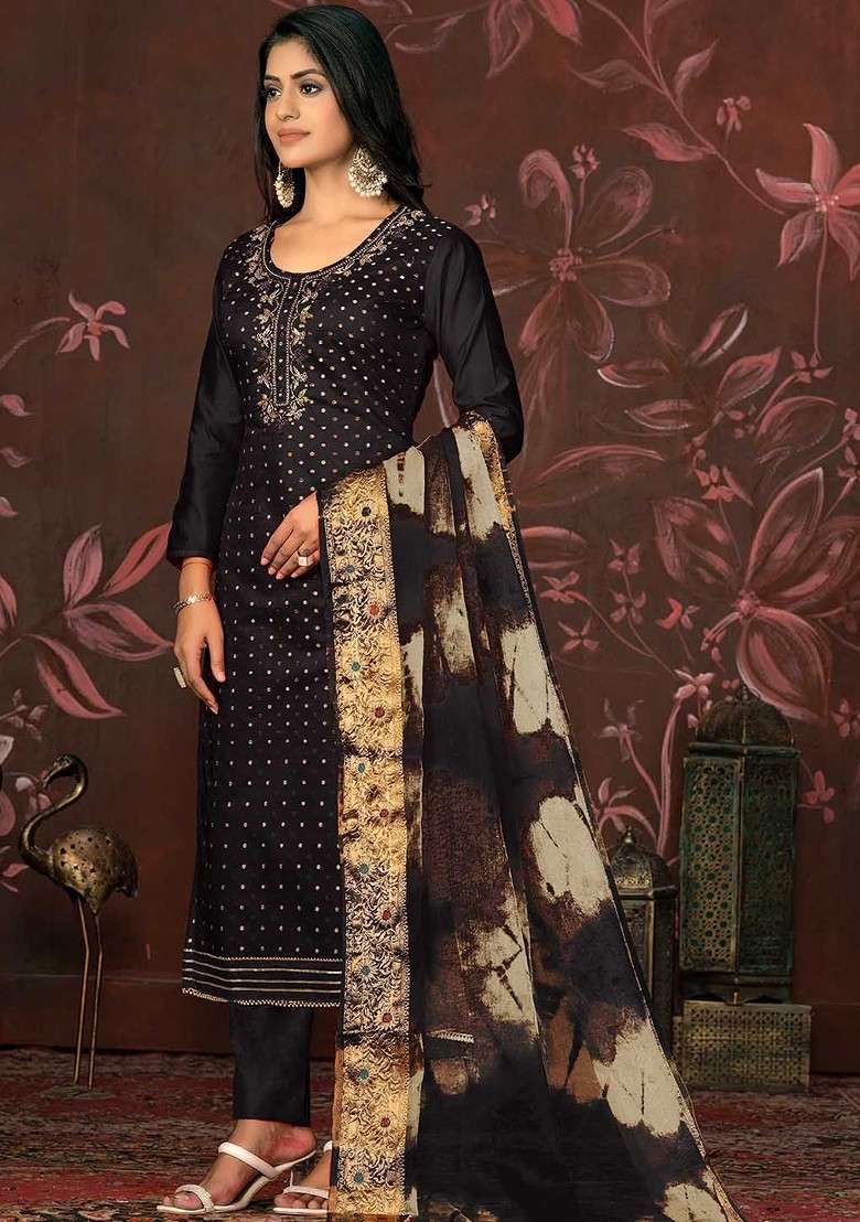 Black Sequin Work Blended Straight Kurta Set - Indya