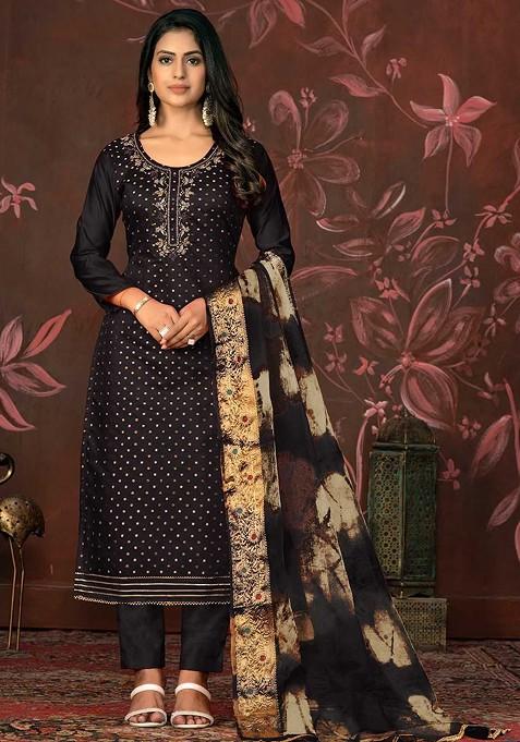 Black Woven Poly Blend Kurta Set