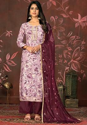 Pink Floral Print Poly Blend Kurta Set